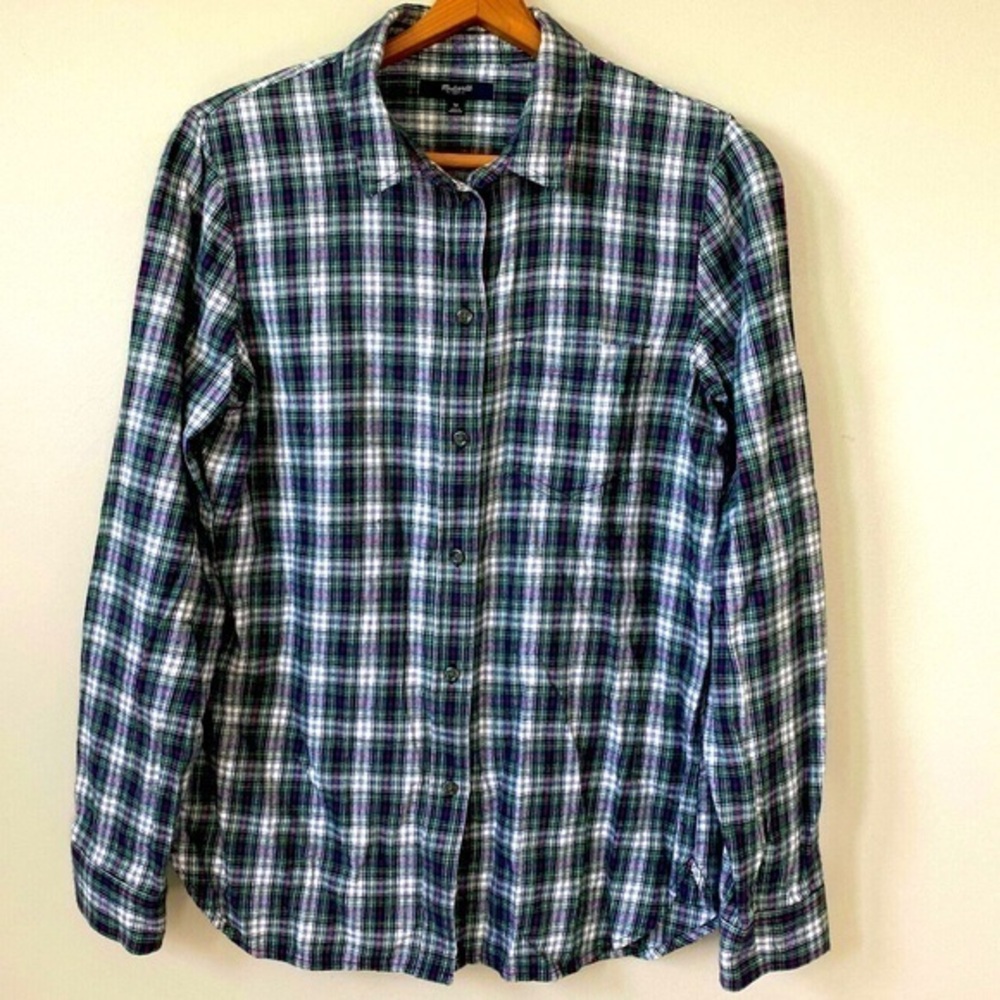 Madewell Womens Button Front Plaid Medium Shirt Outdoors Hiking Green Blue